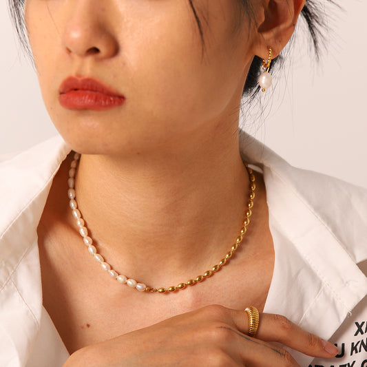 5pcs Semi-Light Pearl Semi-18K Gold-Plated Bead Ball Simple Stainless Steel Jewelry Short Necklace Popular Jewelry Women