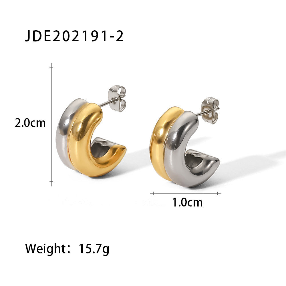 5pcs 18K Gold Stainless Steel Double Earrings Style Gold And Silver Matching Color Titanium Steel Earrings Women's Fashion Personality Earrings