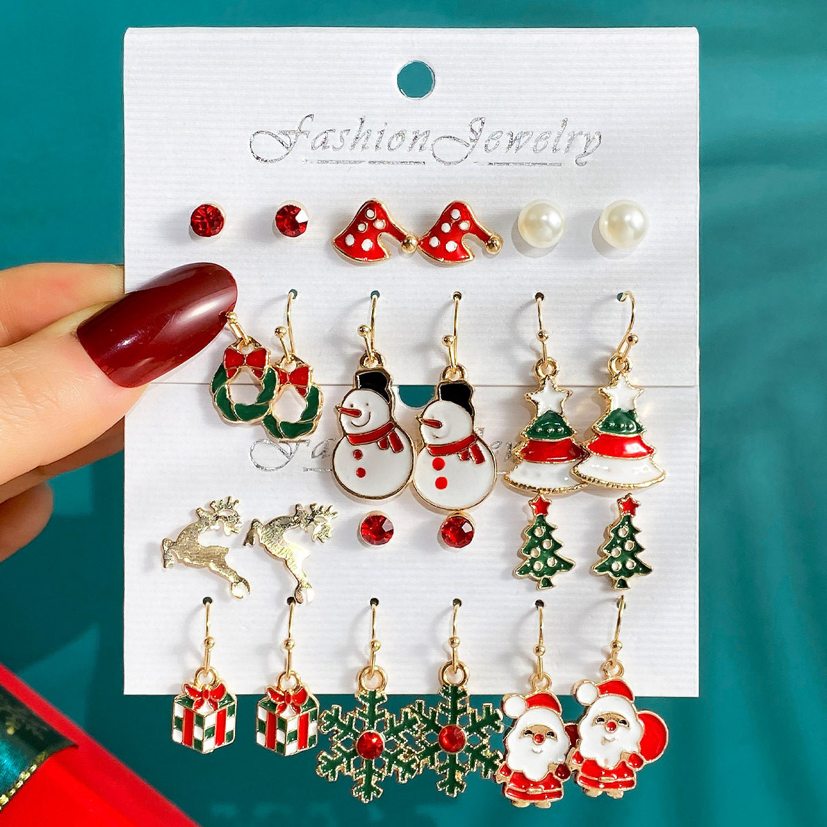 Christmas Earrings Set New Drip Oil Creative Santa Claus Snowman Christmas Tree Earrings 6-Piece Set