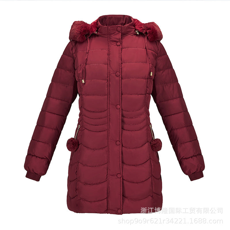 Autumn/Winter Women's Plus-Size Casual Solid Color Thickened And Fleecy Padded Jacket With Hairball Decoration Removable Fur Hoodie