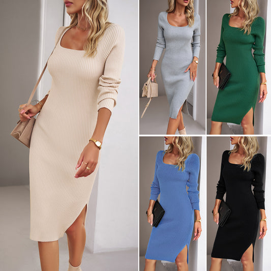 Square Collar Woven Dress New Autumn And Winter Temperament Elegant Wrapped Buttock Long Dress
