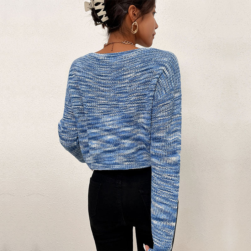 New Autumn And Winter Fashion Women's Short Blue Long Sleeve V-Neck Sweater
