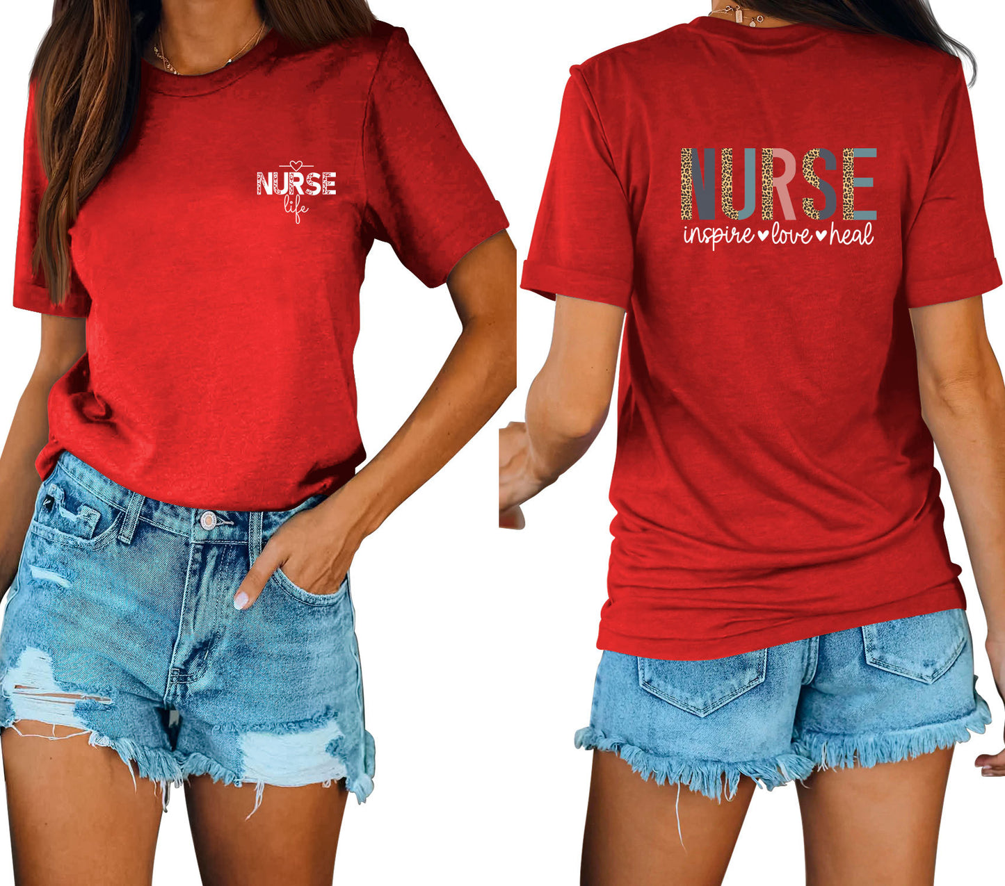 Casual Chic With Front And Rear Print Nurse Inspire Loose Crew Neck Short Sleeves