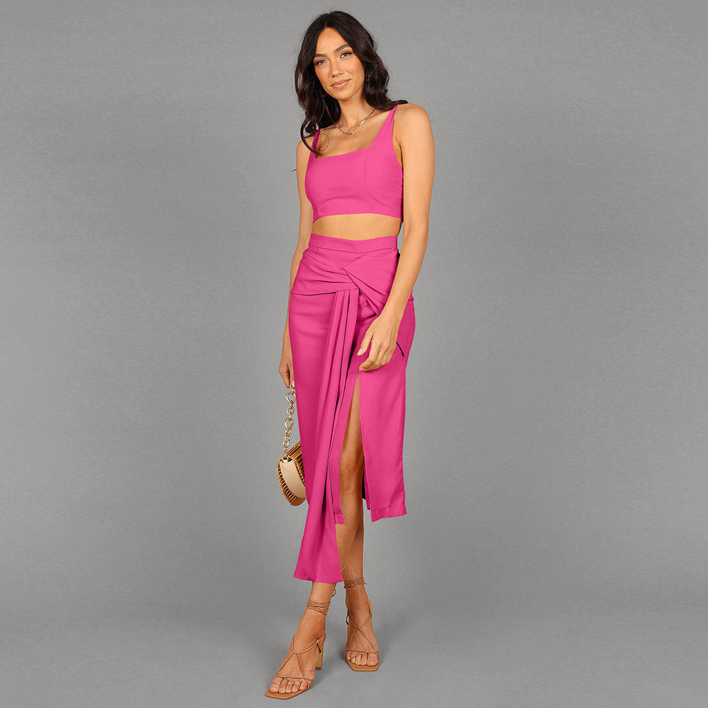 Elegant Two-Piece Solid Color Halter Top Sexy Split Skirt Fashion Suit For Women