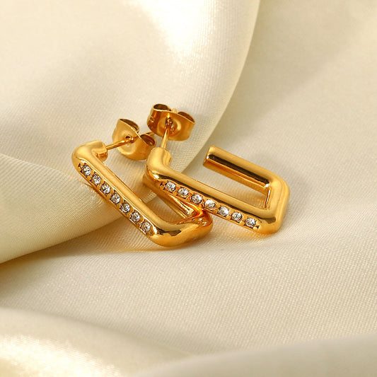 5pcs Stainless Steel Earrings 18 Gold Side Set Zirconium Simple Square Earrings Geometric Type Titanium Steel Earrings For Women