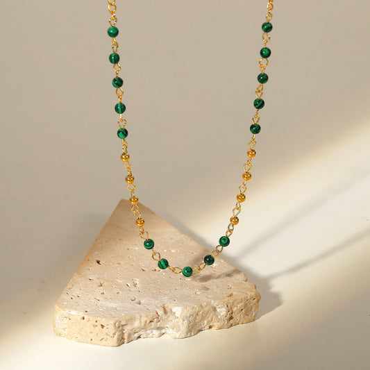 5pcs Fashion Style Collar 18K Gold Small Round Bead Stainless Steel Necklace Green Peacock Stone Round Bead Vintage Necklace Women