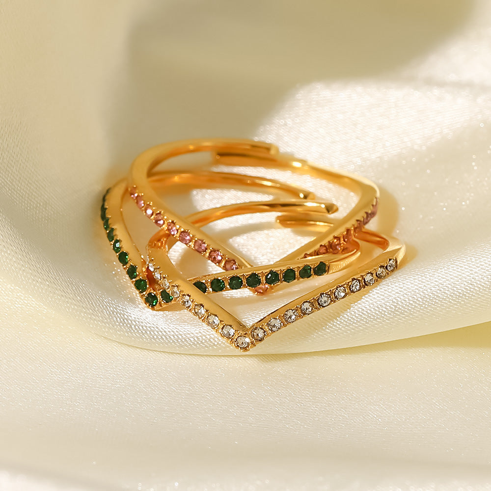 5pcs Fashion All-In-One Ring 18K Gold Full Diamond Fine V-Shaped Green // White Zircon Ring
