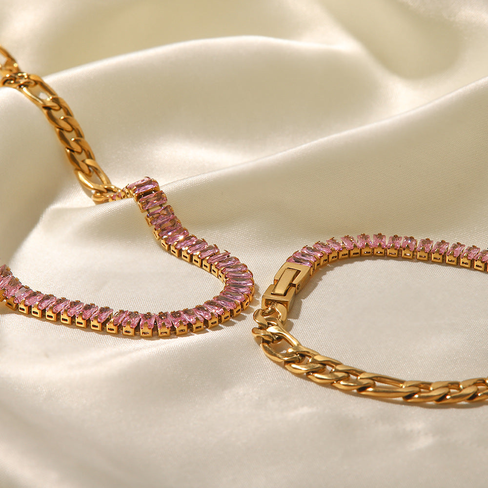 5pcs High-Grade Sense Of Light Luxury Temperament Female Fashion Colorful Zircon Inset Titanium Steel Fast Fading Necklace Bracelet