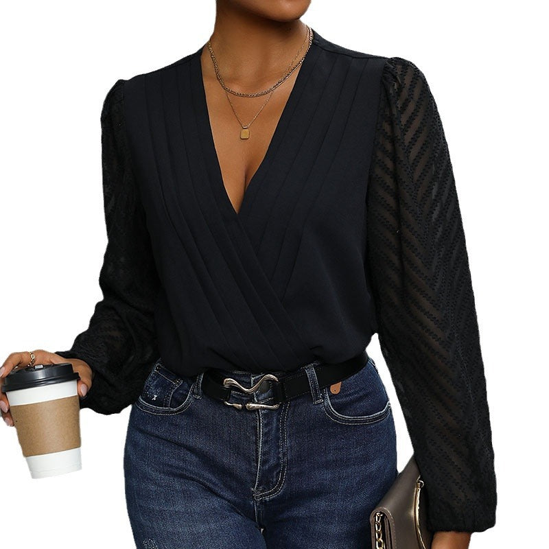 Spring Splicing Top Long Sleeve Mesh Commuter See-Through Pullover Blouse Woman