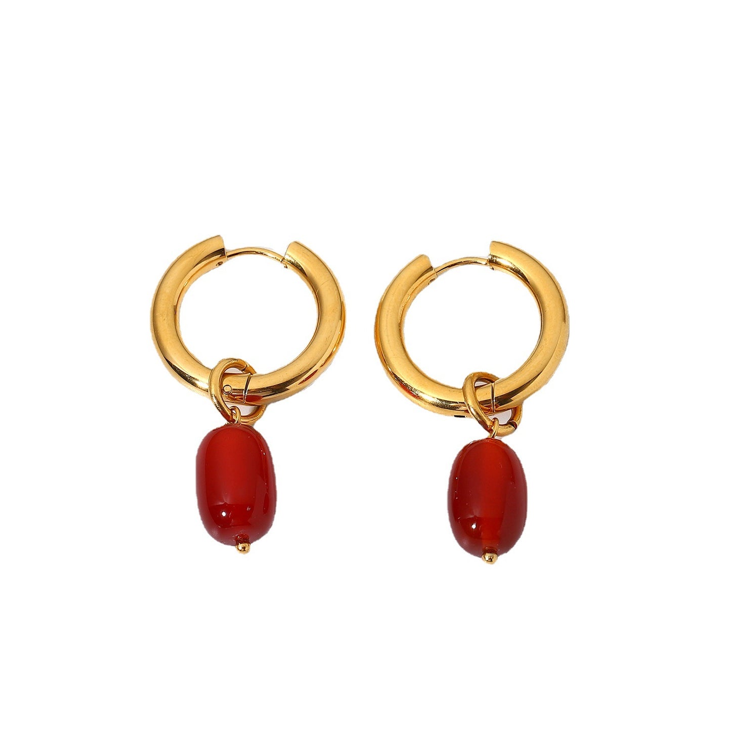 5pcs Double Gold Plated Red Stone Pendant Stainless Steel Earrings Women's Same Stud Earrings