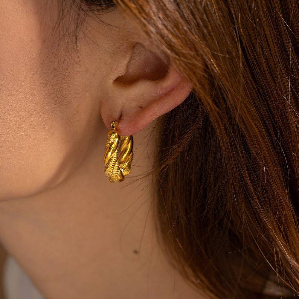 5pcs Retro Double Twist Oval Earrings Style 18K Gold Stainless Steel Earrings U-Shaped Stud Earrings For Women