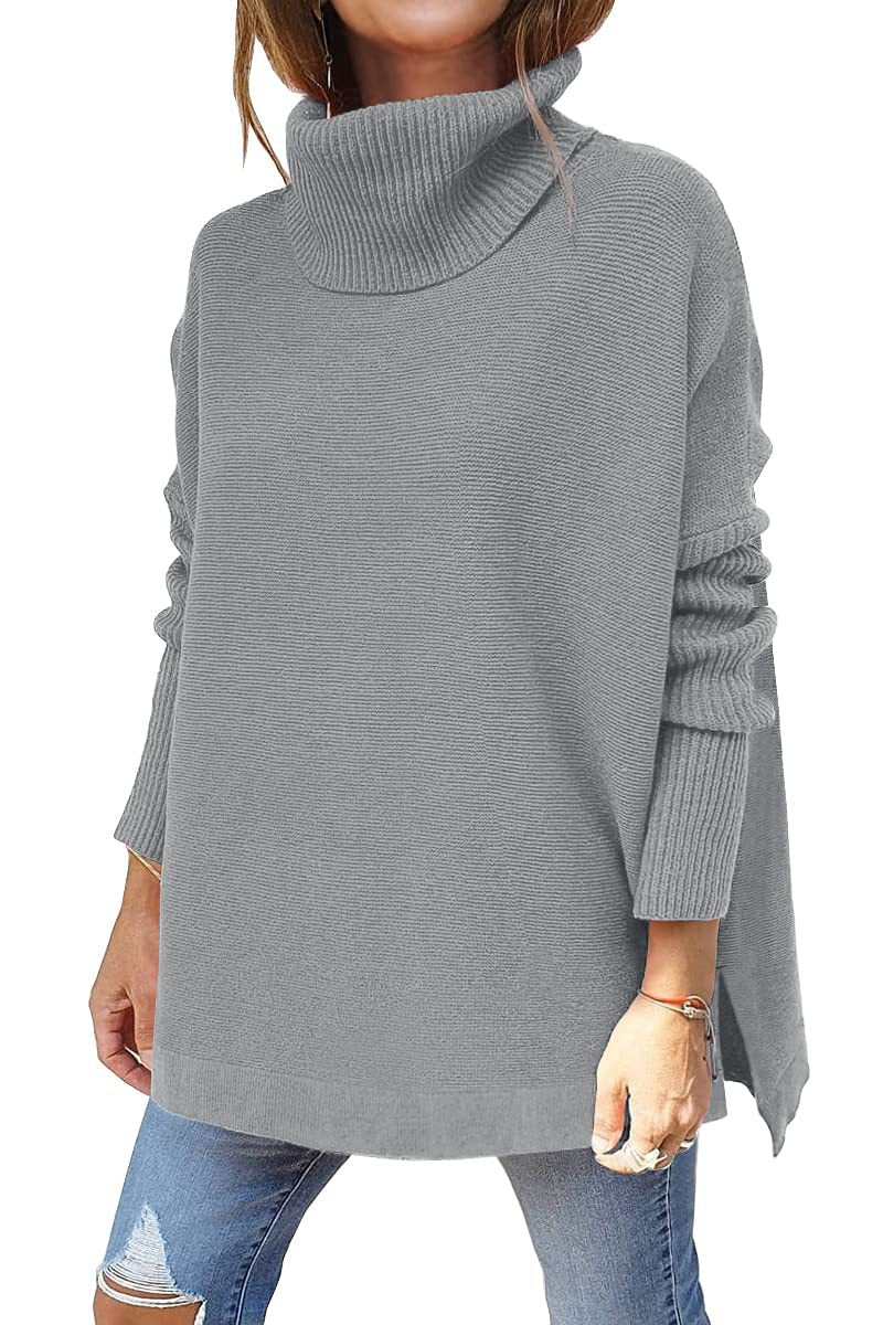New Women's Turtleneck Oversized Sweater Mid-Length Batwing Sleeve Slit Hem Tunic Jumper
