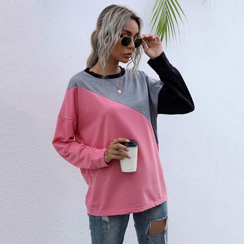 Early Autumn Loose Pink Patchwork Round Neck Long Sleeve Hoodie Woman