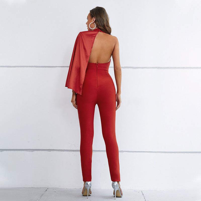 New Women's Romper Deep V-Neck Halter Small Foot Pants Shoulder Padded Bodysuit