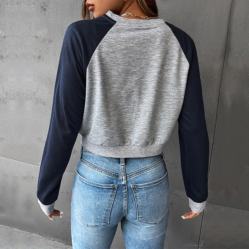 New Spring And Autumn College Style With Rotator Sleeve Bm Color Short Crop Round Neck Pullover Hoodie