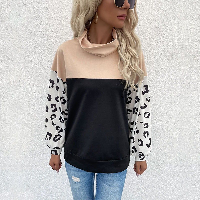 Autumn and Winter New Casual Leopard Print Jacket with Long-Sleeves and High-Neck Hoodie