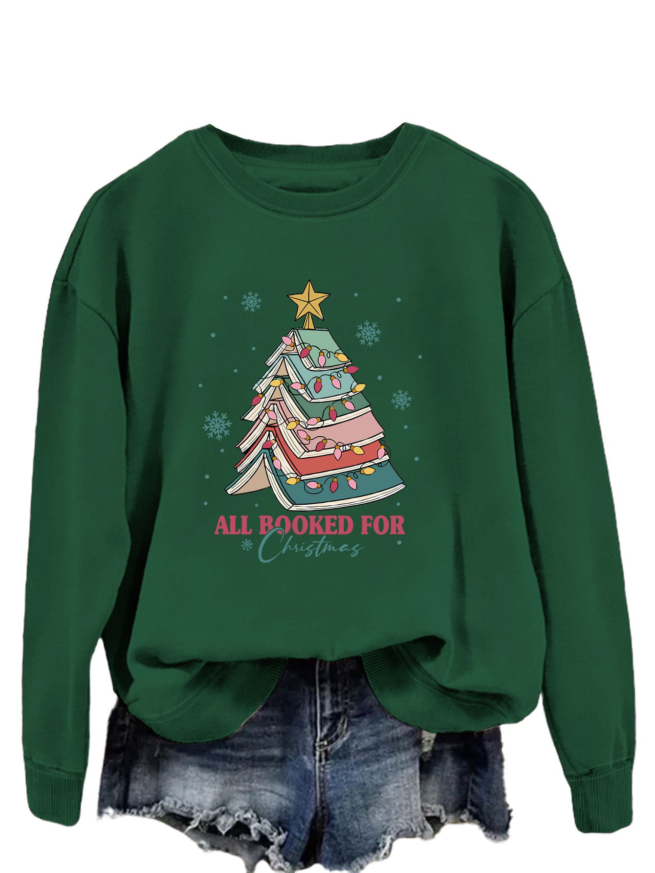 All Booked For Christmas Letters Fun Printed Casual Crew-Neck Hoodie