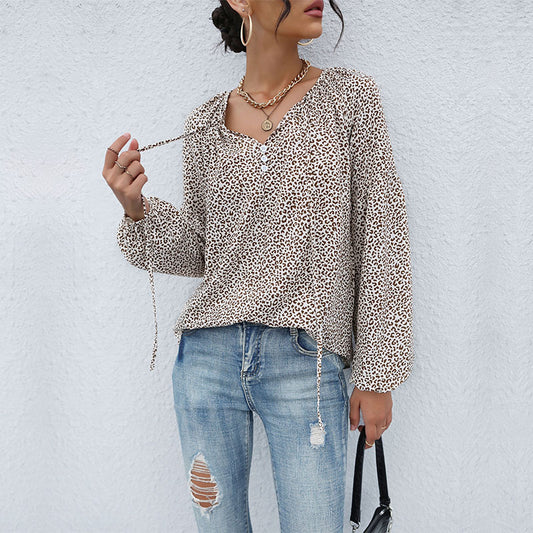 New Vintage Blouse  Long Sleeve Drawstring Leopard V-Neck Shirt