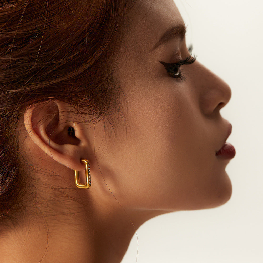 5pcs Stainless Steel Earrings 18 Gold Side Set Zirconium Simple Square Earrings Geometric Type Titanium Steel Earrings For Women