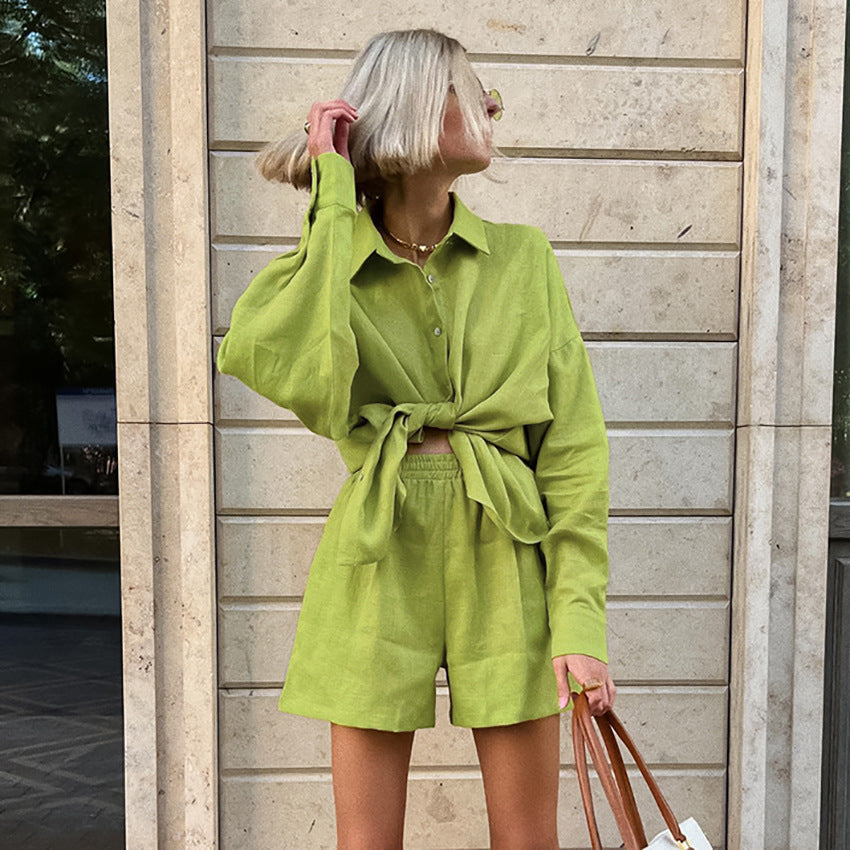 Spring And Summer Cotton And Linen Green Leisure Vacation Set New Shirt Shorts Two-Piece Women's Wear