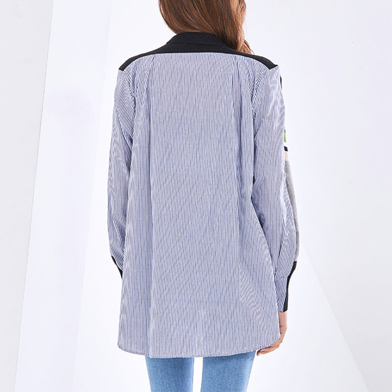 Spring Clashing Button Cardigan Design Clashing Color Splicing Stripe Shirt Knitted Splicing Coat
