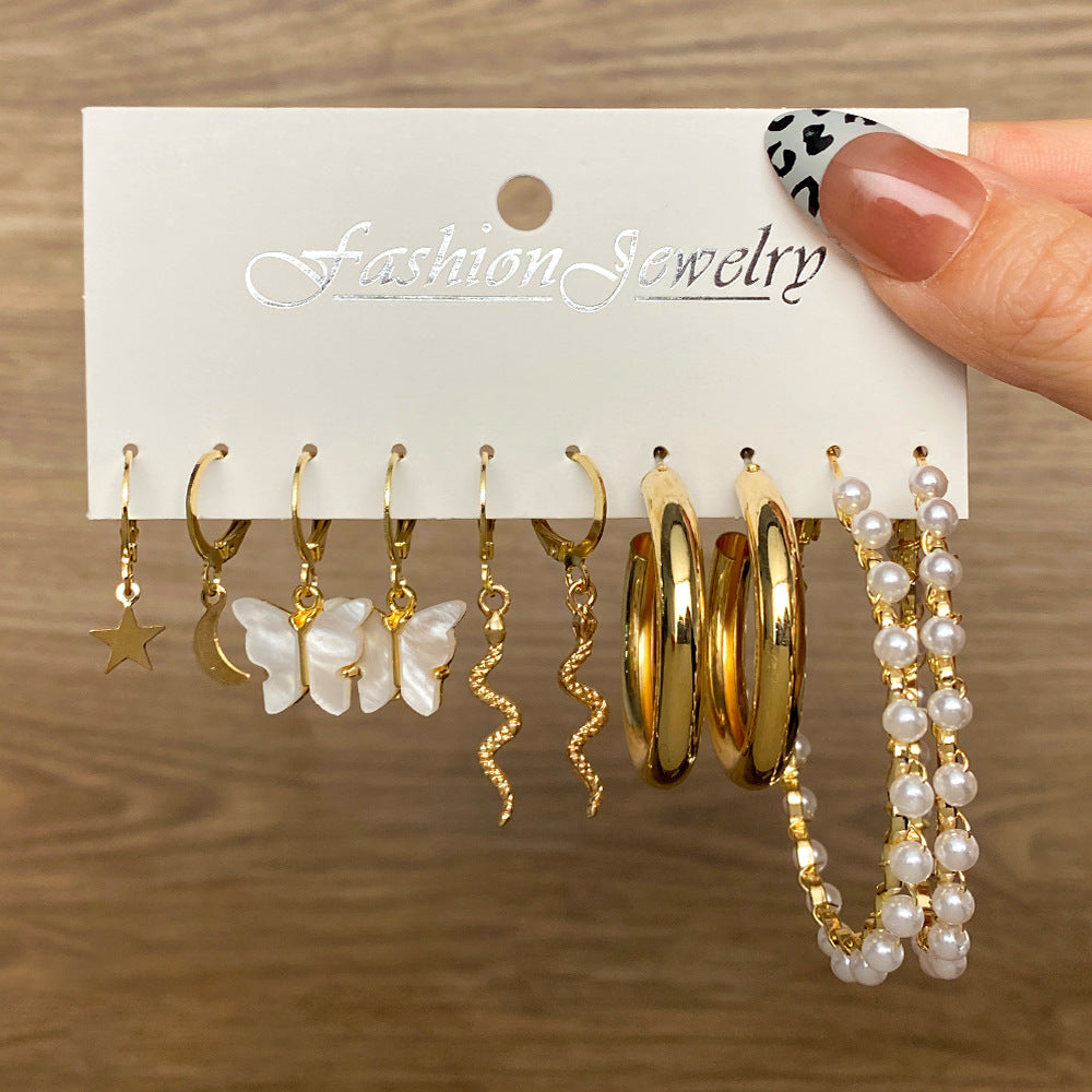 5 Sets New Pearl Earrings Set for Women Retro Metal Geometric C-Shaped 5 pairs Earrings