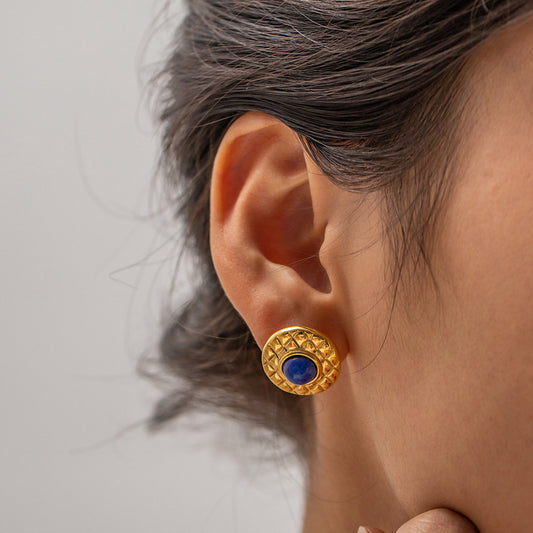 5pcs New Style 18K Stainless Steel Plaid Inset Lapis Lazio Earrings High Fashion Accessorize Earrings