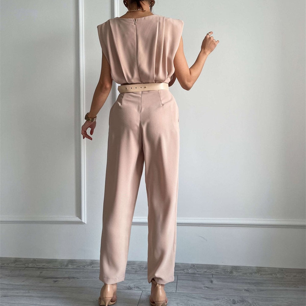 Summer New Fashion Commuter Jumpsuit Women's Crew Neck Shoulder Pad Sleeveless Waist Waist Rompers For Women