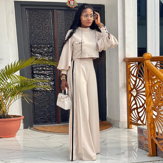 Women's Autumn New Large-Size Loose Half High-Neck Long-Sleeved Blouse Wide-Leg Pants Casual Suit