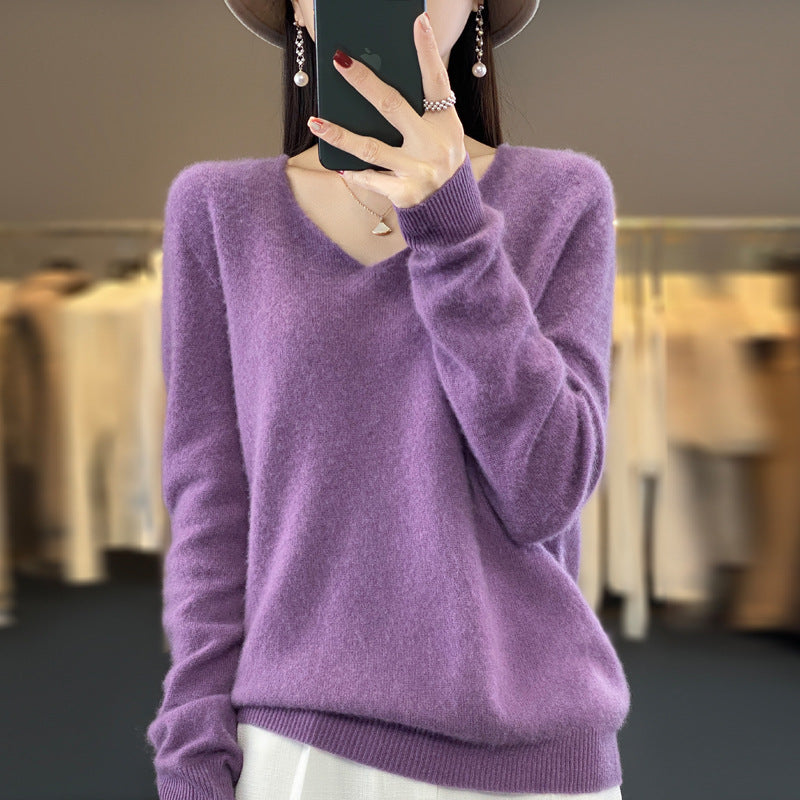 100 Pure Wool Knitwear Women's V-Neck Pullover Loose Base Shirt Autumn And Winter New Solid Color Sweater