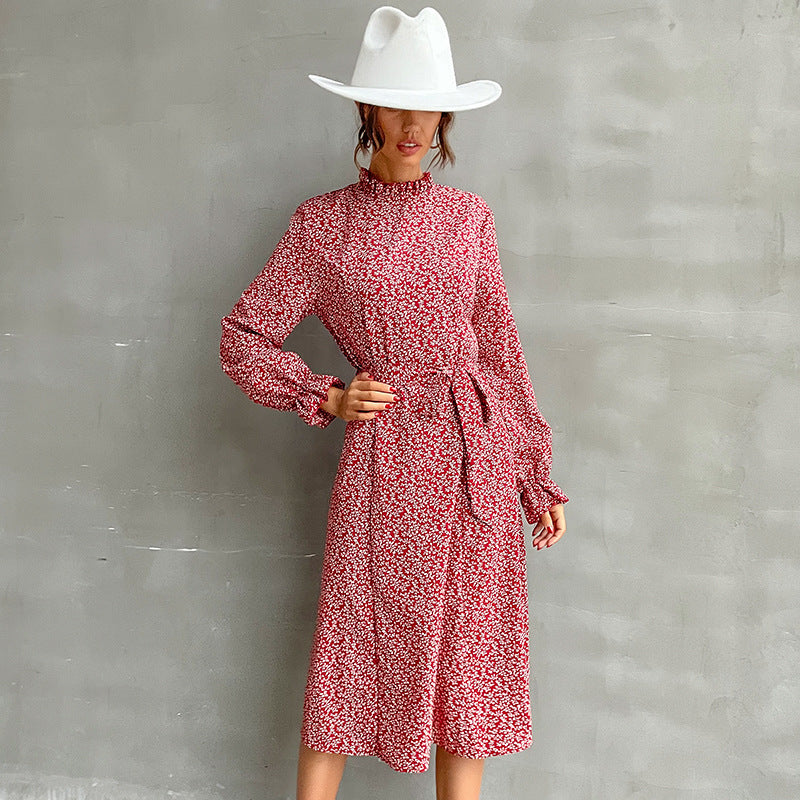 Clothes Women's New Long-Sleeved Half High Neck Print Slim Dress