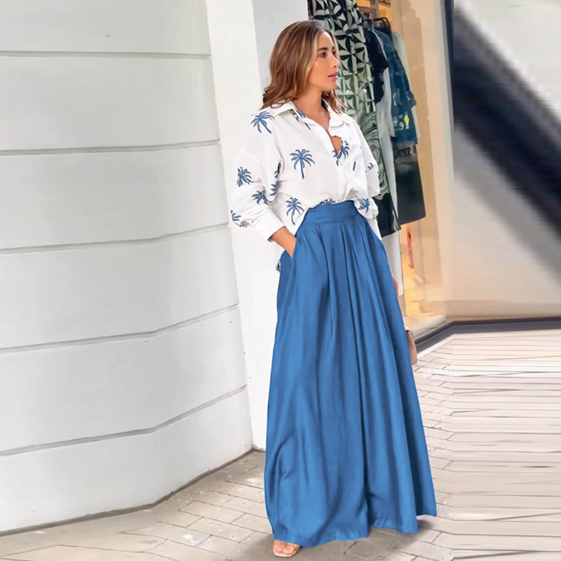Autumn And Winter New Lapel Print Top Wide Leg Pants Fashion Suit Woman