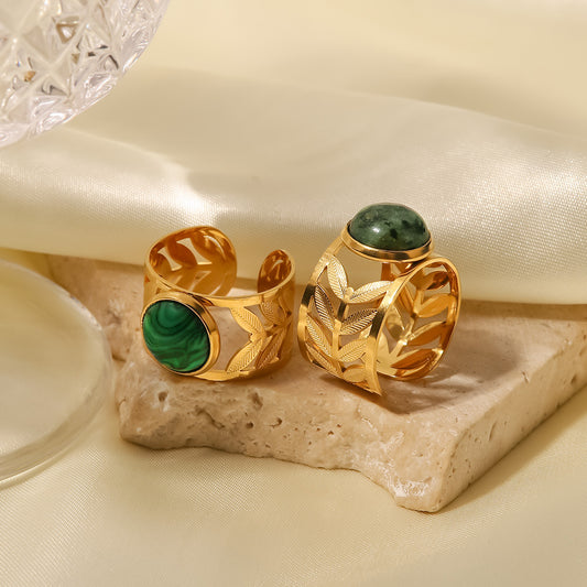 5pcs New Titanium Steel Ring Stainless Steel 18K Gold Hollow Leaf Round African Turquoise Turquoise Peacock Stone Ring