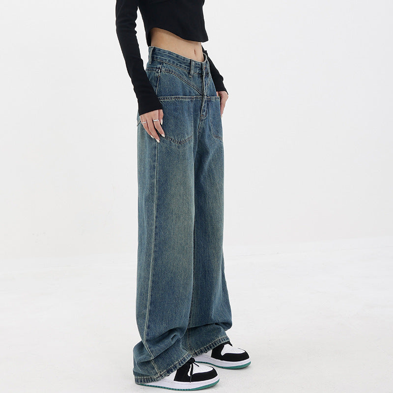 Retro Wash Straight Leg Jeans Women's Spring And Fall New Loose Wide Leg Mopping Trousers