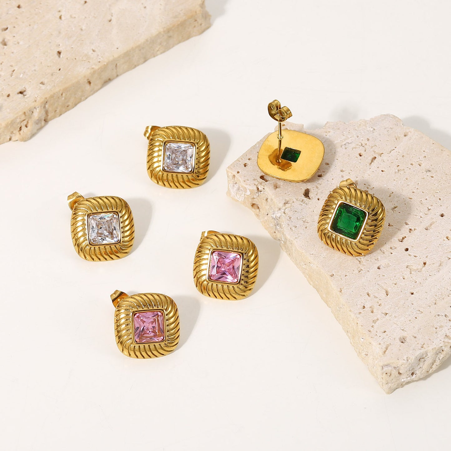 5pcs 18K Gold-Plated Square Buttons Colored Zircon Earrings Stainless Steel Green/White/Colored Cubic Zirconia Earrings For Women
