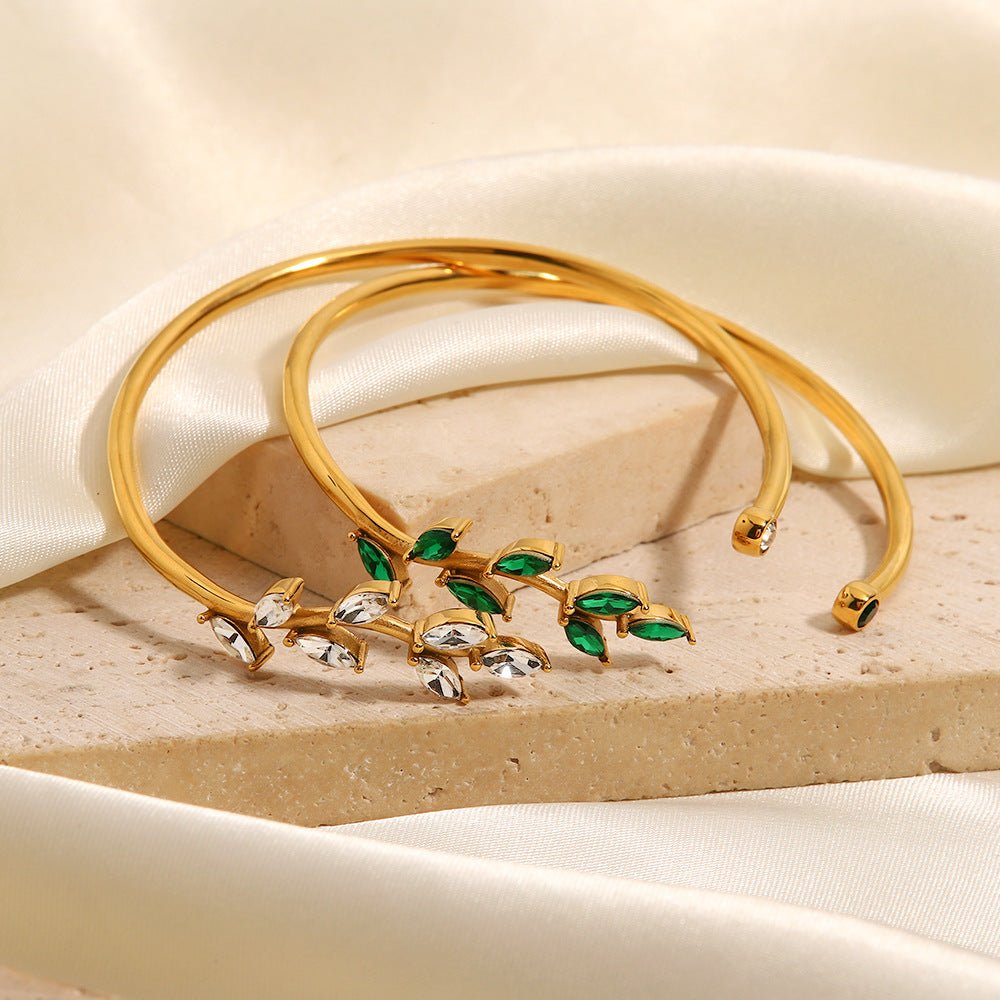 5pcs Fashion New All-Match Titanium Steel Bracelet 18K Gold Electroplated Green Zircon Leaf Open Bracelet Women's Hand Jewelry