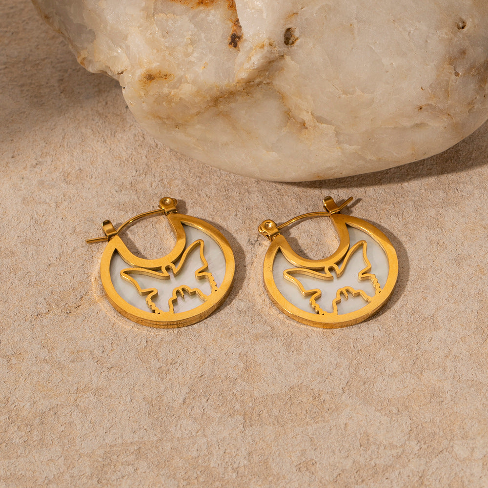 5pcs 18K Electroplated White Fritillary Hollow Butterfly Round Earrings Fashion Stainless Steel Round Earrings For Women