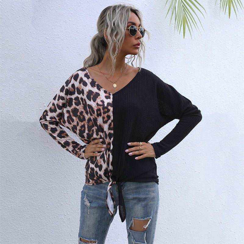 Casual Loose Top Female Splicing Leopard Print V-Neck Long-Sleeved Sweater