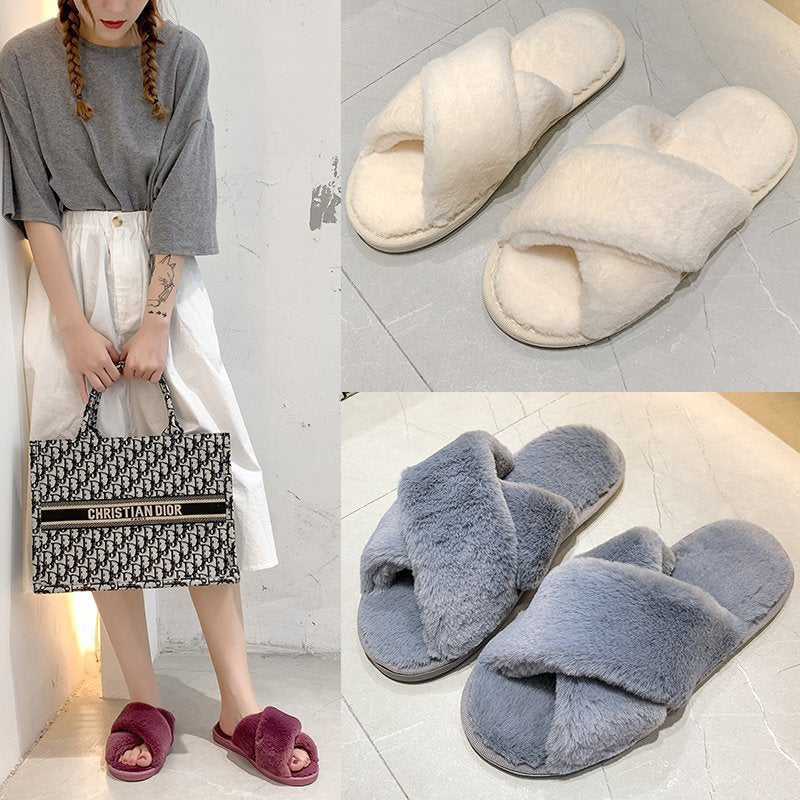 Autumn And Winter New Big Rabbit Velvet Cross-Belt Couple Floor Cotton Slippers Indoor Home Warm Non-Slip Plush Cotton Slippers