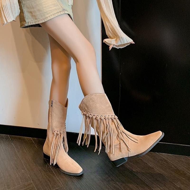 Mid-Calf Tassel Boots Pointed Mid-Heel Vintage Western Cowboy Boots Ground Leather Brown Ankle Boots Female