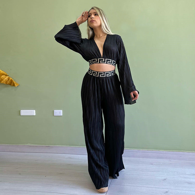 Women's New Fresh Sweet Pleated V-Neck Flared Sleeve Shirt Wide Leg Pants Casual Suit