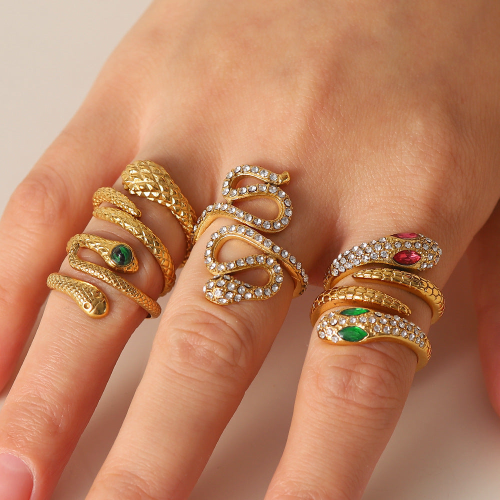 5pcs High Quality Vintage Style Titanium Steel Open Ring Encrusted With Diamond Serpentine Femininity Advanced Sense Of All-Match Ring Ring