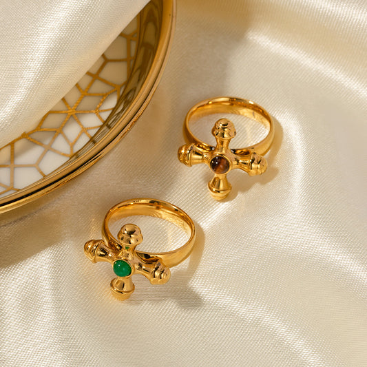 5pcs Niche Style Gold-Plated Titanium Steel Ring Female Stainless Steel Inlaid Stone Cross Fine Ring