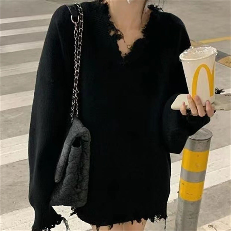 Autumn And Winter New V-Neck Sweater Women Loose Long-Sleeved Lazy Pullover Sweater Design Feeling Broken Sweater