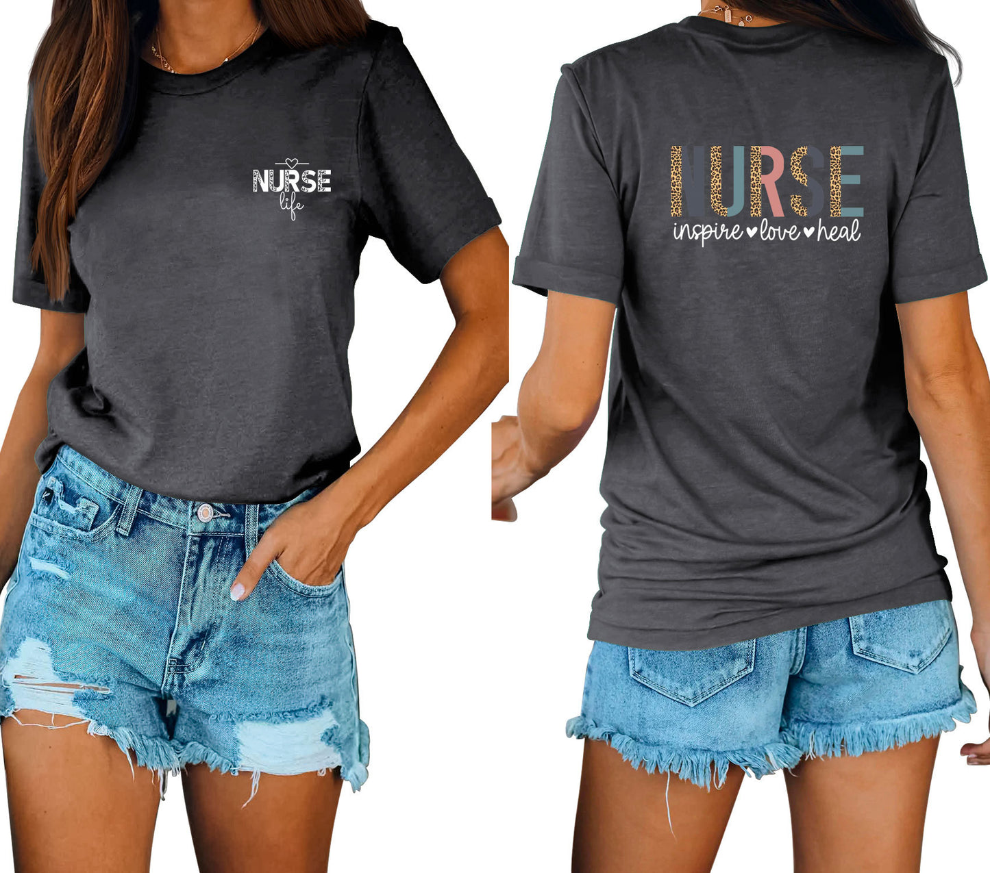 Casual Chic With Front And Rear Print Nurse Inspire Loose Crew Neck Short Sleeves