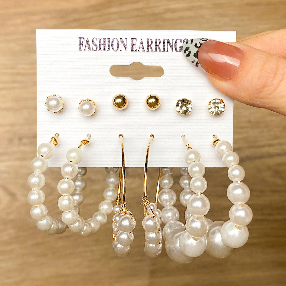 5 Sets New Pearl Earrings Set for Women Retro Metal Geometric C-Shaped 5 pairs Earrings