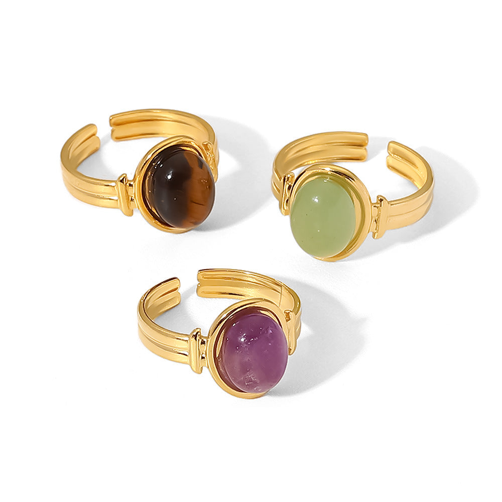 5pcs Same Ring 18K Gold Oval Tiger Eye/Green/Purple Semi-Precious Stone Opening Ring Female