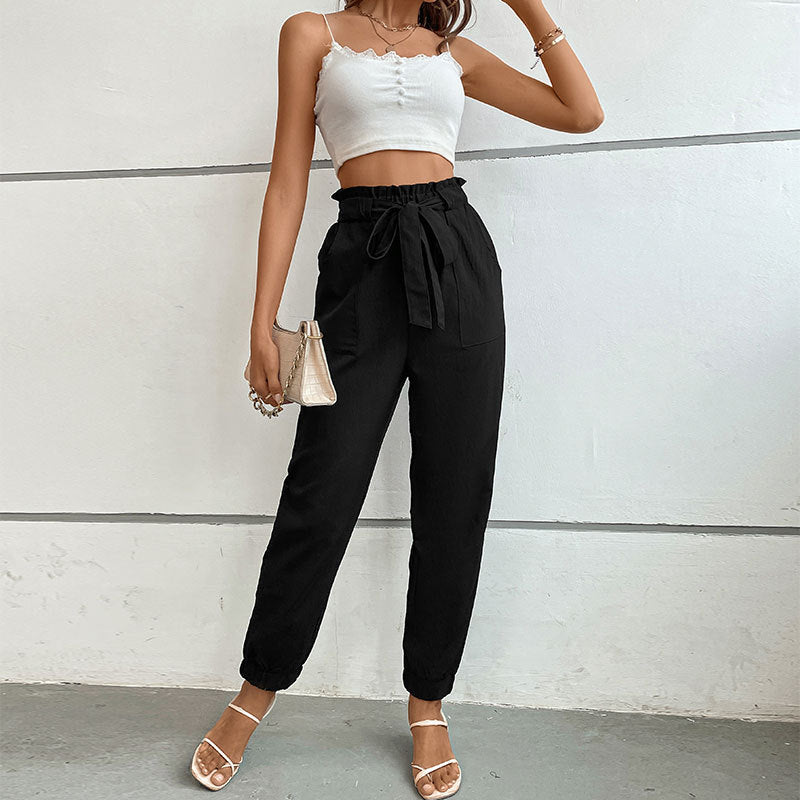 New Spring Summer High-Waist Lace-Up Pants Casual Pocket Pants Women