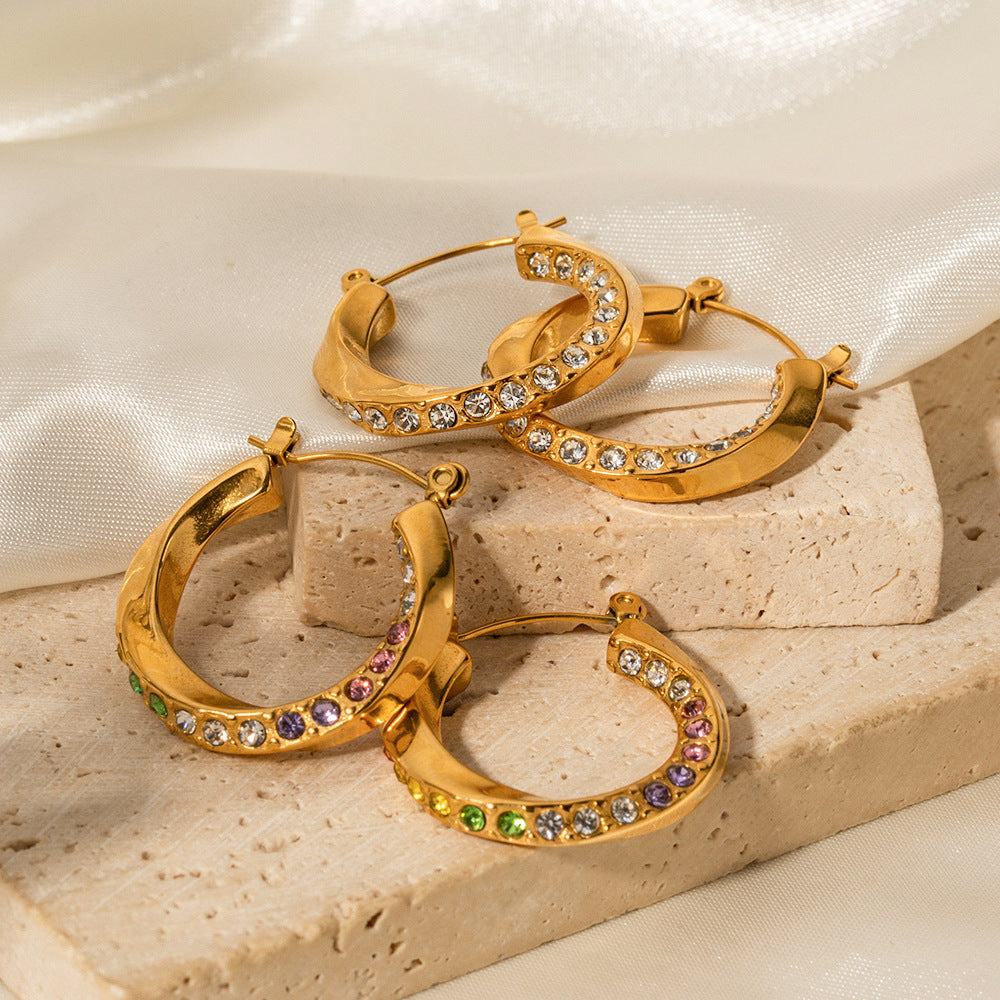 5pcs New Fashion 18K Stainless Steel Gold Set With White Diamond Mobius Twist Ring Titanium Steel Earrings