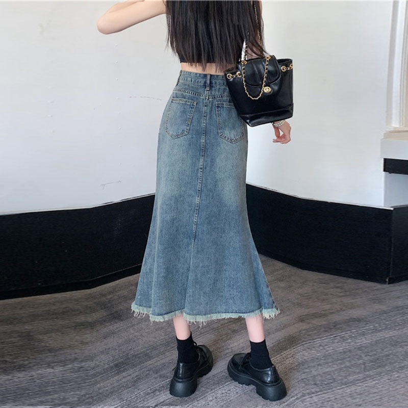 High Waist Raw Edge Fringe Fishtail Denim Skirt Women A Line Loose Casual Slimming Retro Bag Hip Mid-Length Skirt